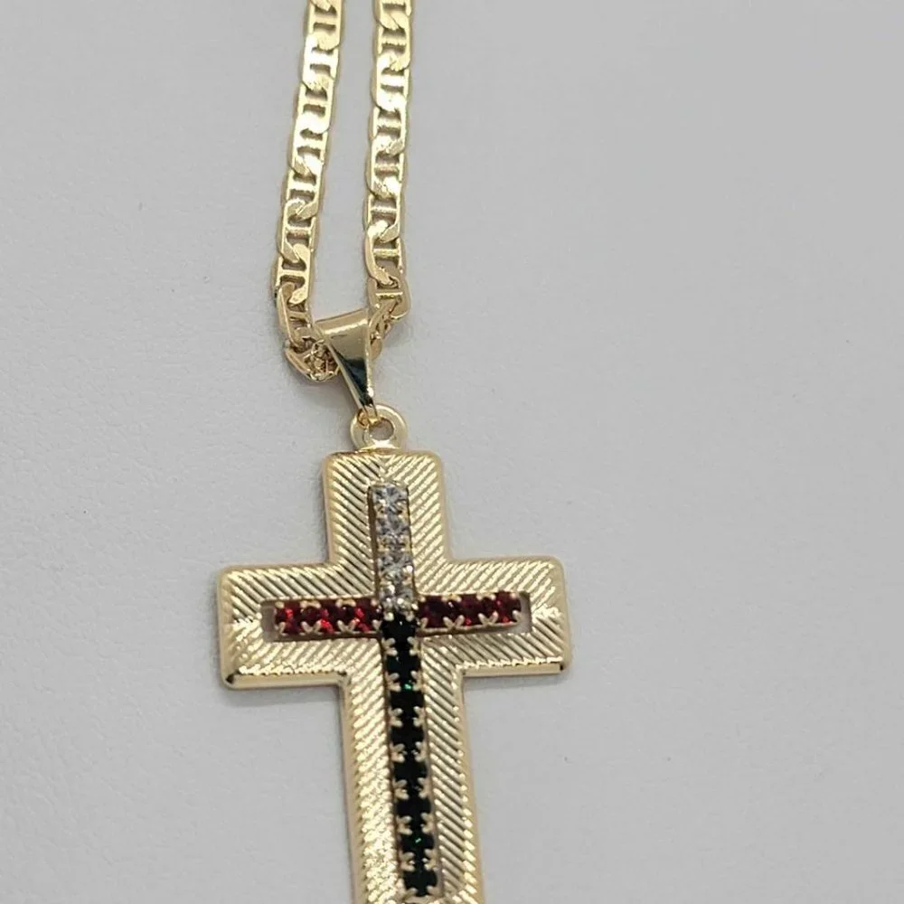 Brand New Brazilian 18k Gold Filled Cross w/ mexican colors cz stones  Necklace